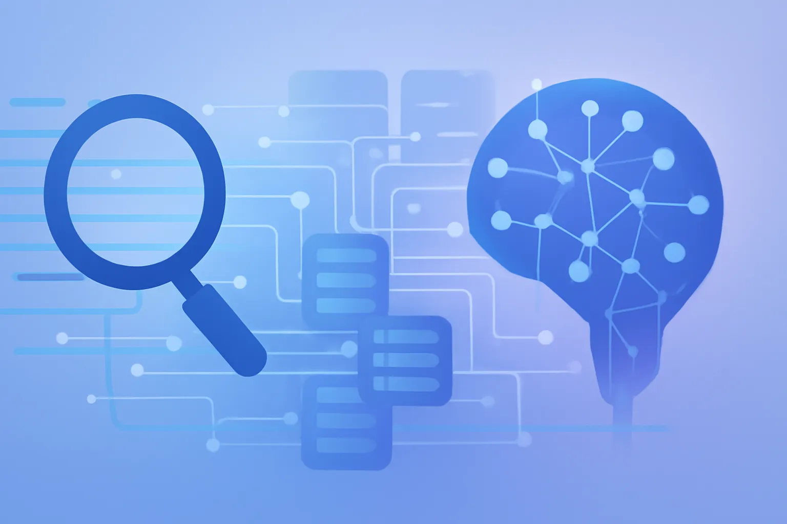 검색 엔진 데이터와 AI 네트워크가 연결된 추상적 디지털 일러스트